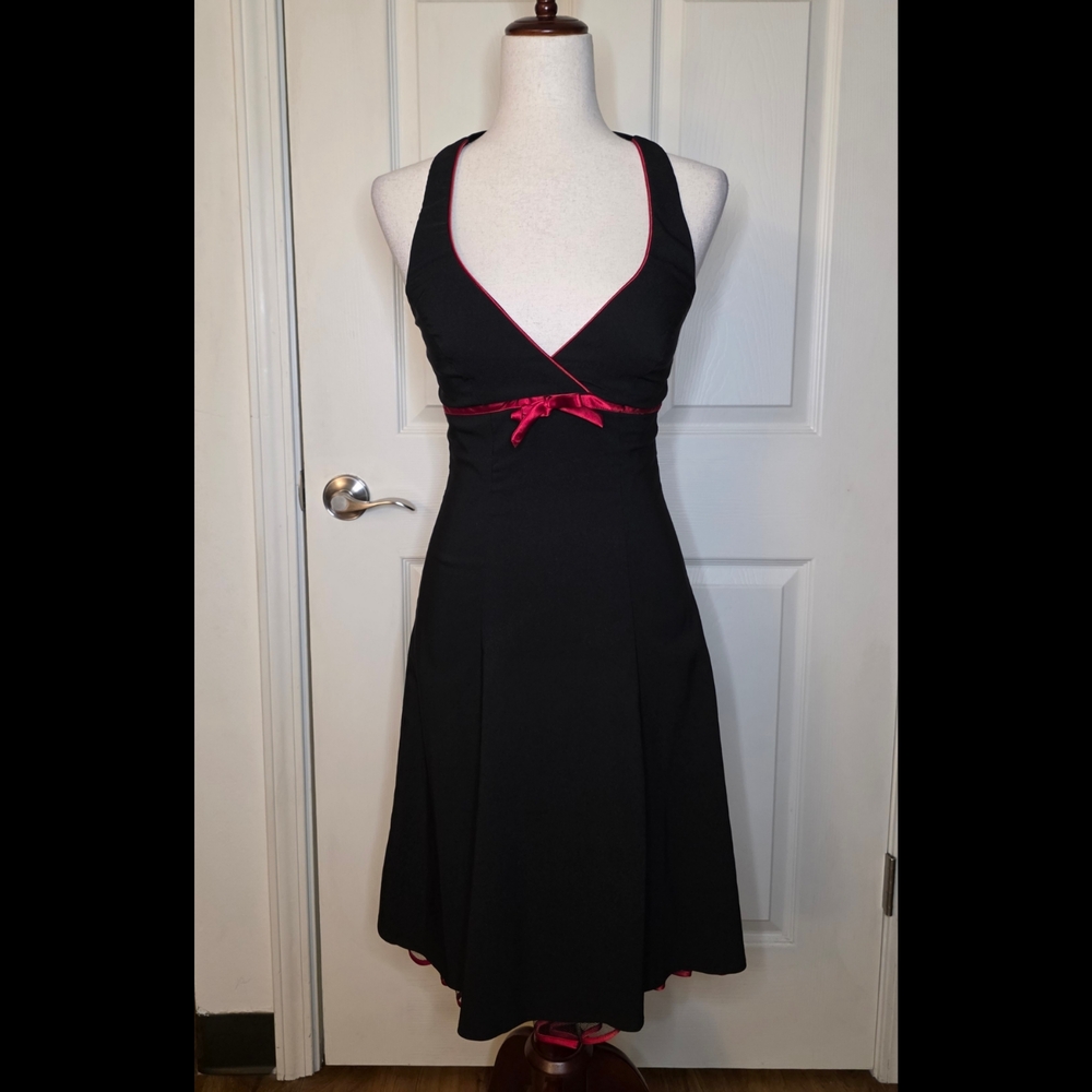 Vintage 90s Y2K Steppin' Out Black & Red Mesh Ruffle Trim Halter Dress